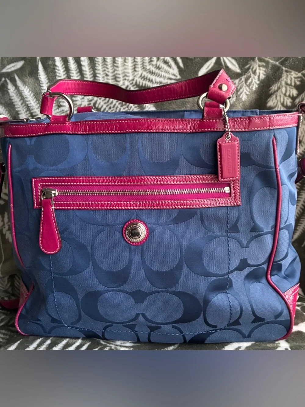 Coach Navy Signature shoulder Bag with Pink Leather Trim